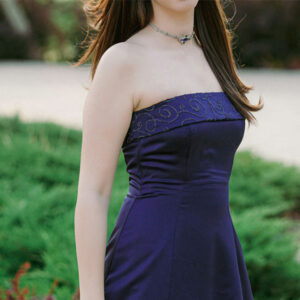 Bespoke formal dress in navy satin