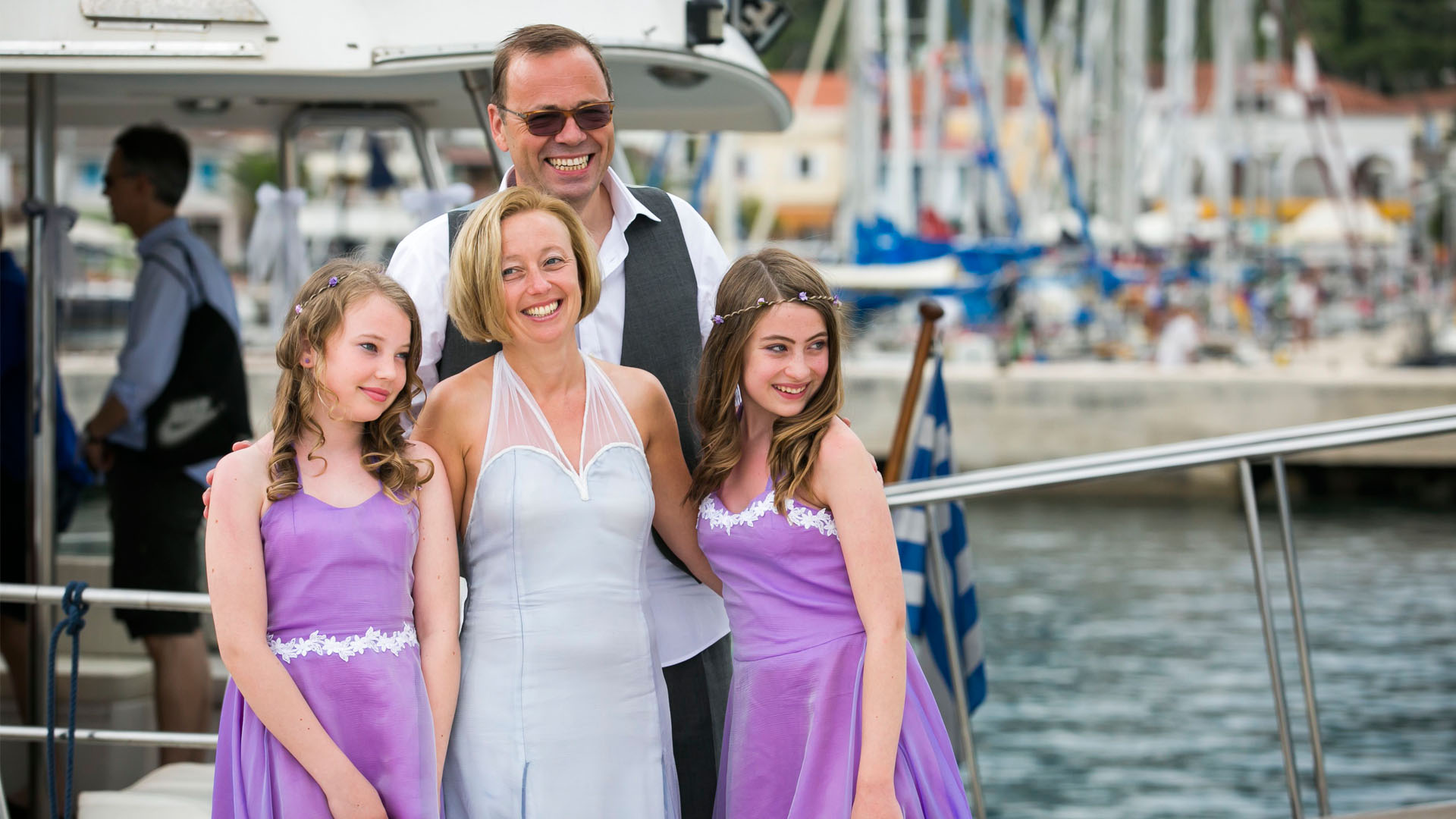 Bespoke sky blue silk chiffon wedding dress + 2 purple silk chiffon bridesmaid dresses