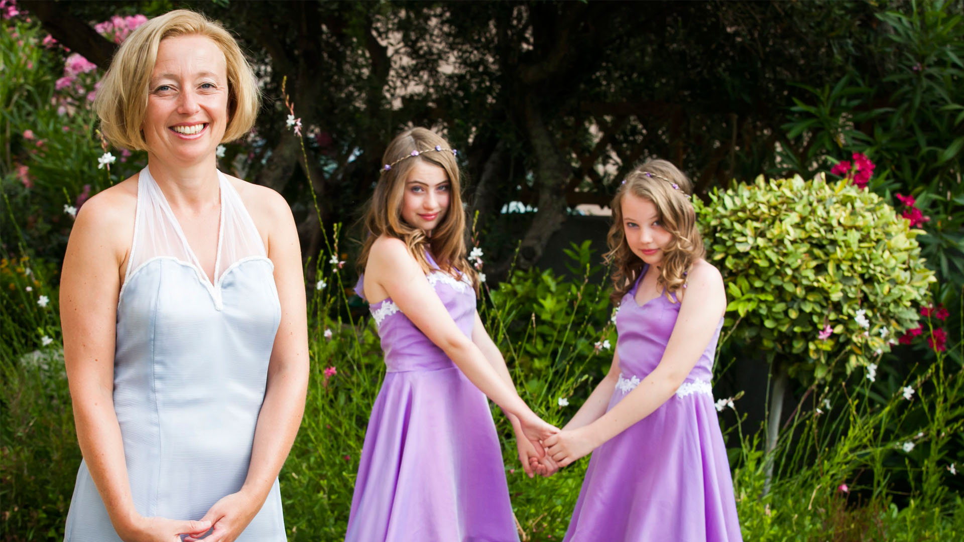 Bespoke sky blue silk chiffon wedding dress + 2 purple silk chiffon bridesmaid dresses